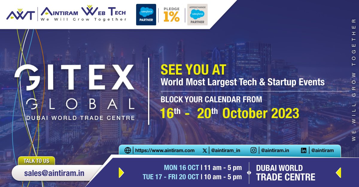 'Join us at Gitex Dubai 2023 and let's embark on a journey to explore the future of technology together. It's an opportunity you won't want to miss! See you there!'

#GITEX2023 #GITEXGLOBAL #gitexdubai #InnovationInTech #AWT #Aintiramwebtech #salesforcepartner