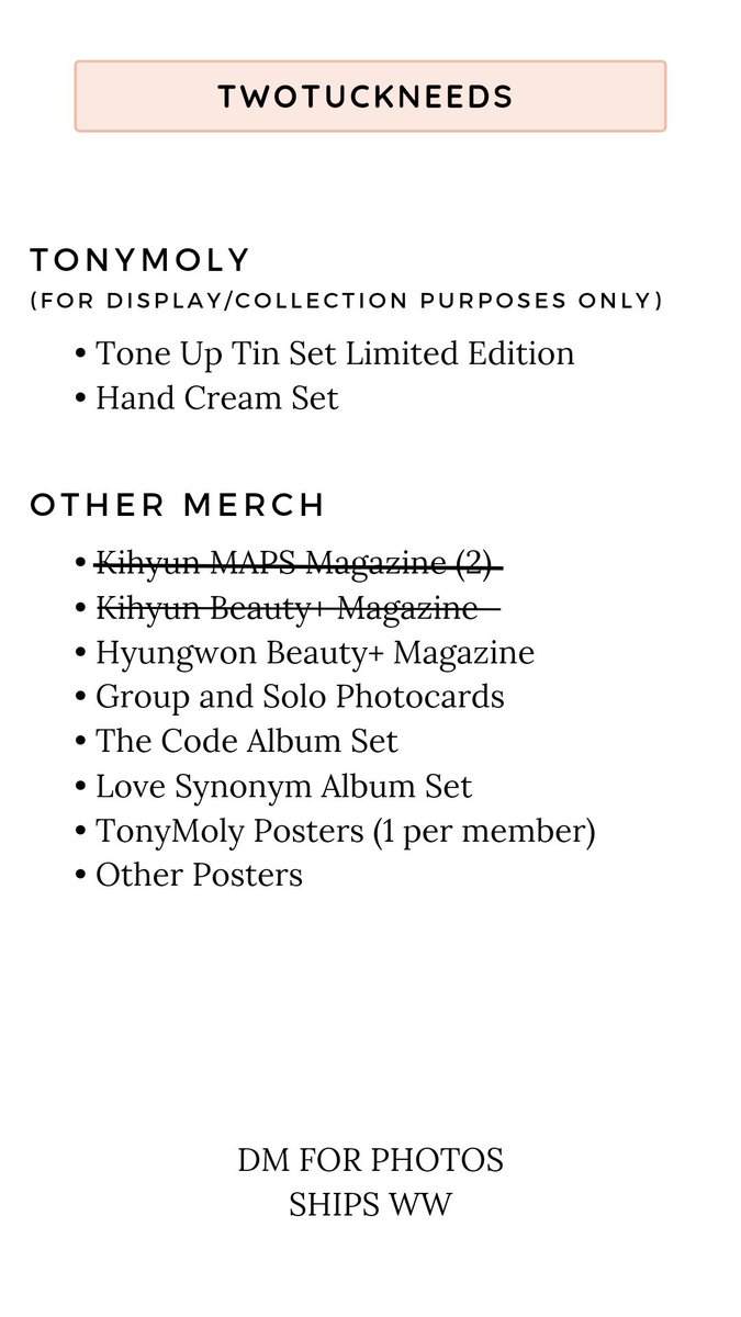 wanhuiwan's tweet photo. WTS LFB MONSTA X

Twotuckgom
Tony Moly 
other merch

ships ww 🌐
dm for more actual photos

tags ttg nunugom hamgom danygom minggom honeygom bebegom zizigom https://t.co/zRvKXmoRuU