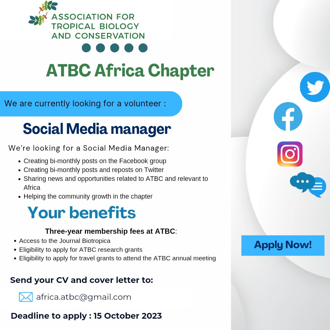 We are looking for a volunteer social media manager. We offer 3-year membership fee at @ATBC . deadline to apply October 15, 2023