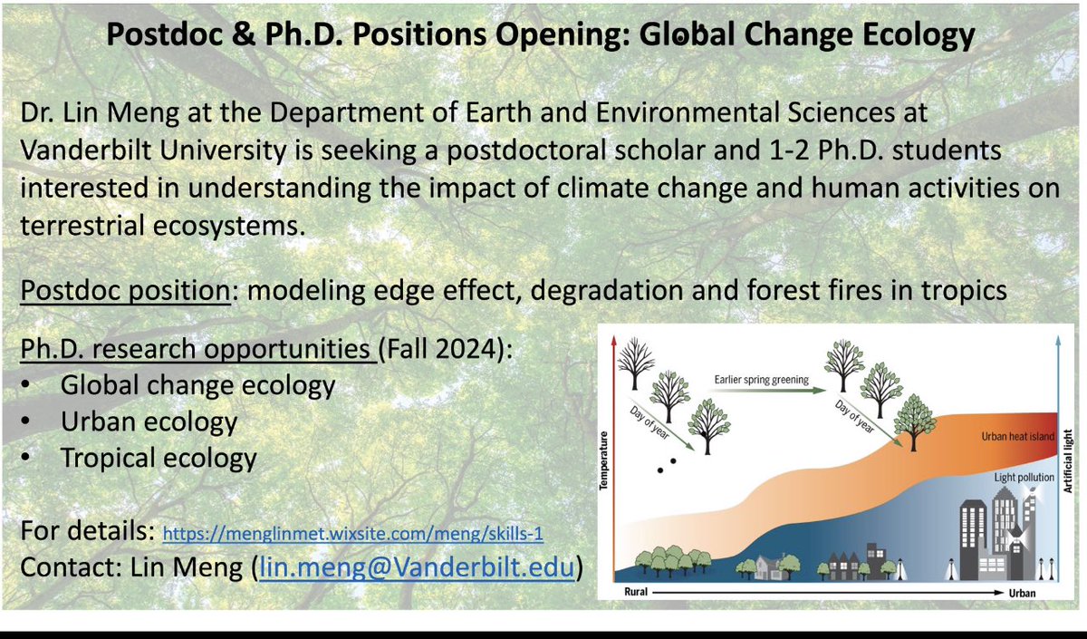 Explore exciting opportunities for fully funded Ph.D. and postdoc positions at the renowned Meng Lab of Global Change Ecology at Vanderbilt University.

Link: menglinmet.wixsite.com/meng/skills-1

#PhD 
#PostdocPosition #GlobalChangeEcology #ResearchPositions #VanderbiltUniversity