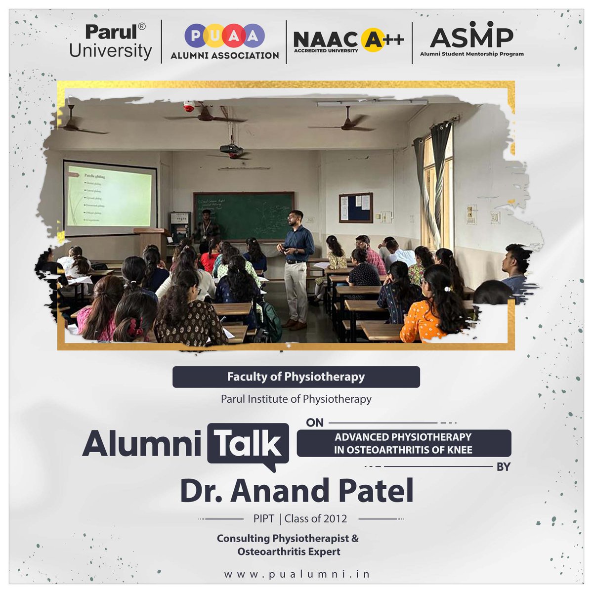 ParulAlumni's tweet image. As part of the Alumni Student Mentorship Program, Parul Institute of Physiotherapy recently organized an Alumni talk on &quot;Advanced Physiotherapy in Osteoarthritis of Knee&quot; featuring Dr. Anand Patel.

#AlumniTalk #ASMP
#PIPT #Classof2012
#PUAlumniAssociation
#ParulUniversity
