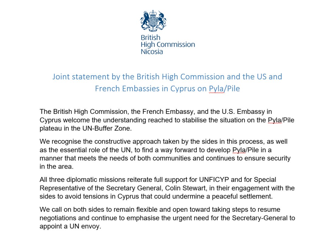 Joint statement by @USEmbassyCyprus @FranceaChypre and @UKinCyprus for the arrangement to stabilise the situation in Pyla/Pile 👇 🔗unficyp.unmissions.org/statement-spec…