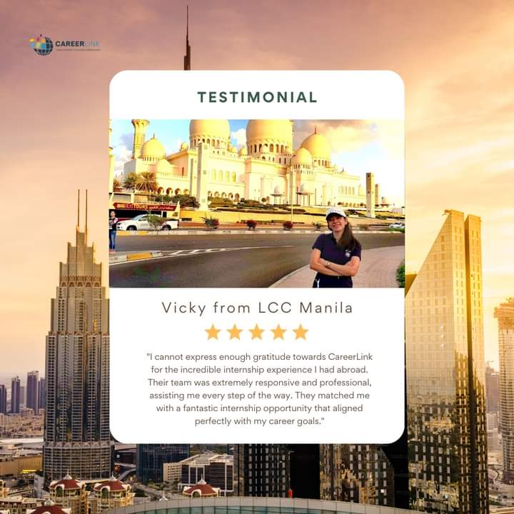 🌍🌟 Testimonial Time! 🌟🌍

Today, we want to share a heartwarming testimonial from one of our incredible clients.

At CareerLink, we are dedicated to helping students find and apply for incredible international internship programs. 🌍✨