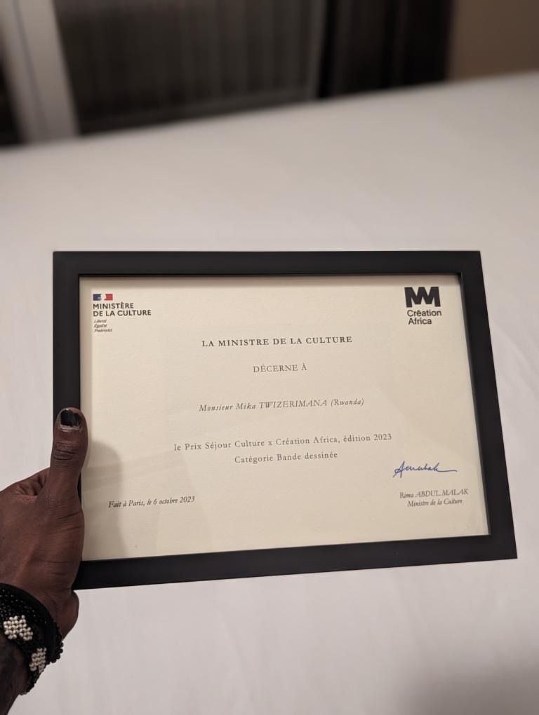 Félicitations à <a href="/mikaxh__/">Mika Hirwa</a> pour avoir remporté le prix Séjour culture x Création Africa du <a href="/MinistereCC/">Ministère de la Culture 🇫🇷</a> dans la catégorie bande dessinée 
#ForumCreationAfrica
<a href="/IF_Rwanda/">Institut Français du Rwanda</a> <a href="/IFParis/">Institut français</a> <a href="/ambafrancerwa/">Ambassade de France au Rwanda 🇫🇷🇪🇺</a>