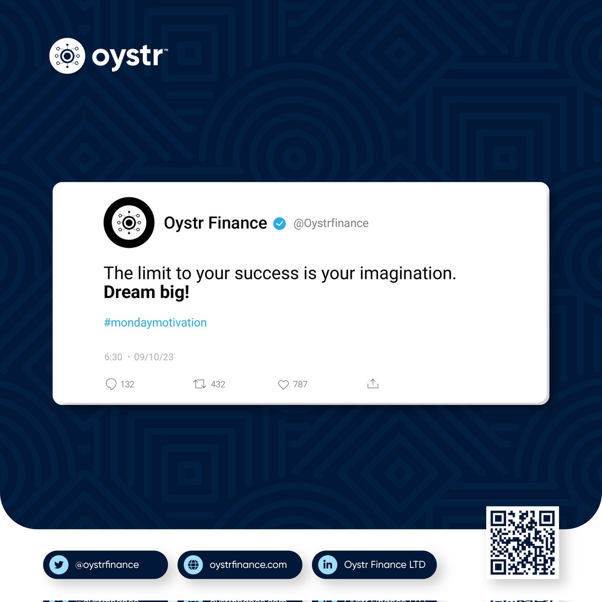 Oystrfinance's tweet photo. What's a new week without a "perspire to acquire and maguire" #motivation?
Your Success Knows No Limits When You Let Your Imagination Soar.
#MotivationalQuotes #Oystr #MondayMotivation https://t.co/hUpW64zLfo
