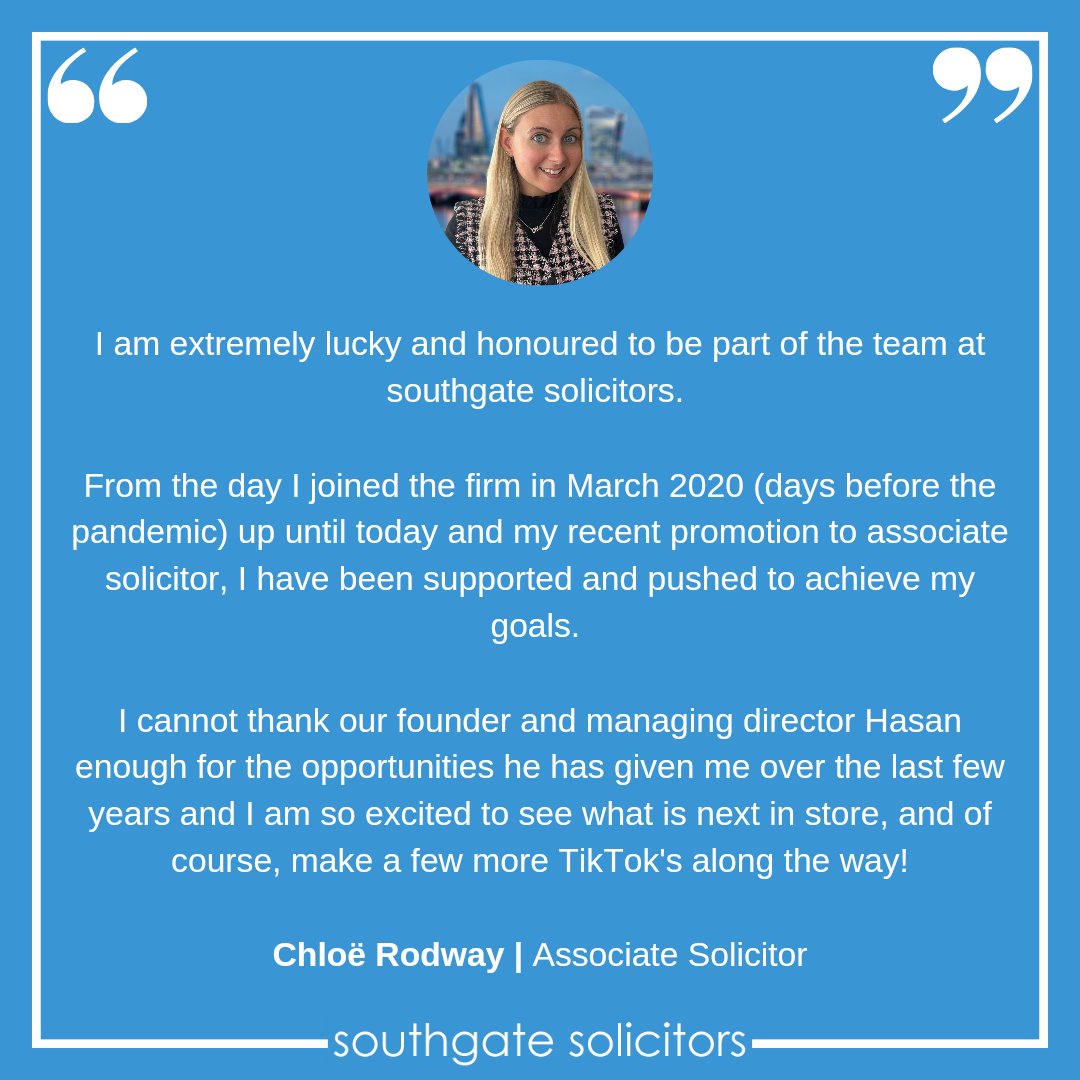 Congratulations to our Chloë Melissa Rodway who has been promoted to associate solicitor 🎉

If you need some light entertainment check out her Tiktok account (tiktok.com/@solicitorchloe) where you'll find videos of Star (our office sausage), fun and some occasional work talk 📽️

💙