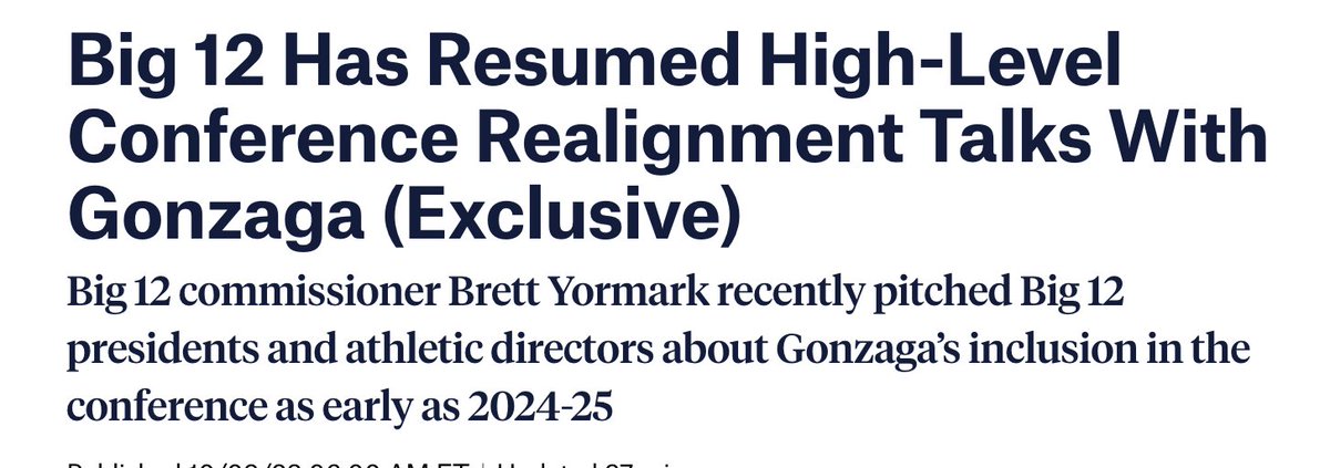 EXCLUSIVE: Multiple sources told <a href="/TheMessenger/">The Messenger</a> that the Big 12 and Gonzaga have resumed negotiations about the possibility of Gonzaga joining the league, possibly as early as next year. My story: 

themessenger.com/sports/big-12-…