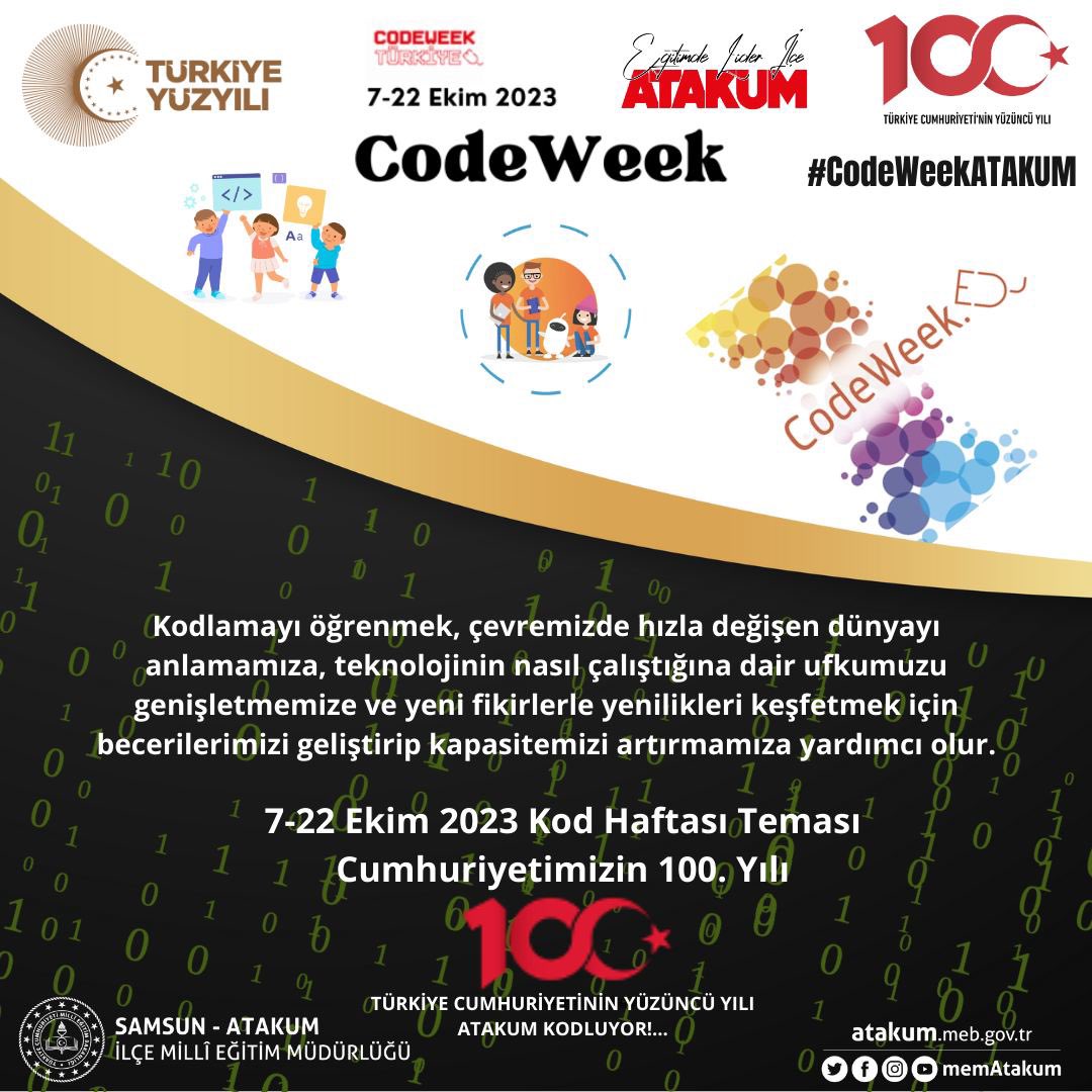 MemAtakum's tweet photo. #CodeWeekATAKUM
🔐ATAKUM KODLUYOR🔐
🗓7-22 Ekim 2023 Kod Haftası Teması Cumhuriyetimizin 💯. Yılı
👩💻🧑💻Kod ve sertifika için tıklayınız.
👇
🔗 https://t.co/FKBMcMRgaz
🏫Atakum Mimar Sinan Ortaokulu
@codeweekturkiye
#codeweekturkiye
#turkiyecumhuriyetinin100yılı
#codeweek2023 https://t.co/YPXngJt0N3