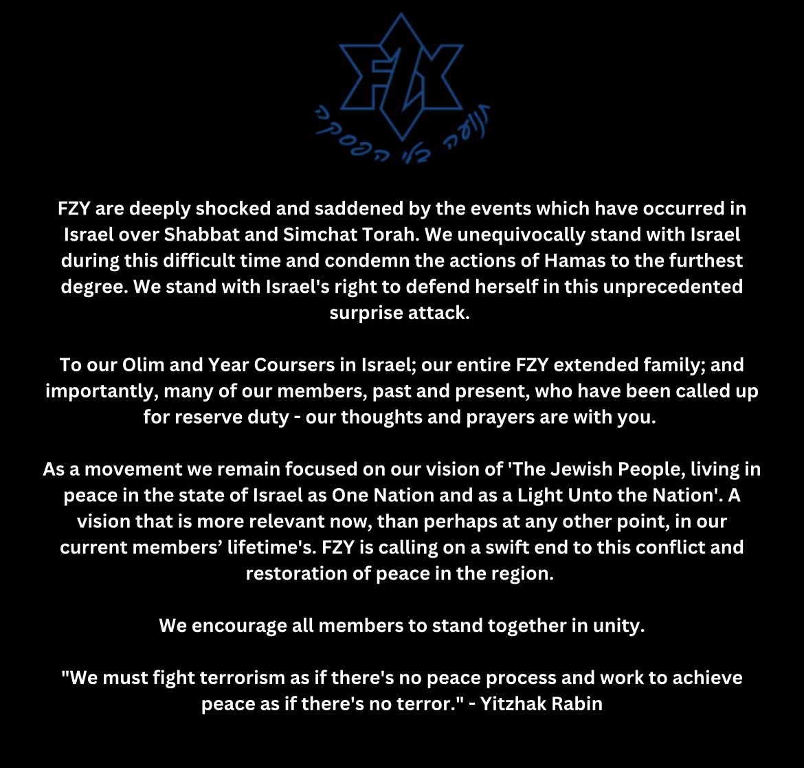 FZY's statement on the current situation in Israel.