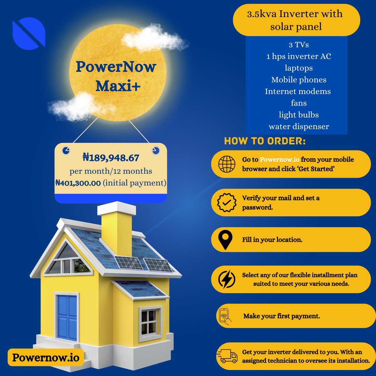 Our 3.5kVA inverter is now within reach with our flexible installment plan. 

Say goodbye to upfront costs and hello to reliable, sustainable energy. Ready to make the switch? Visit powernow.io to get started!

#InstallmentPlan #InverterPower #AffordableEnergy