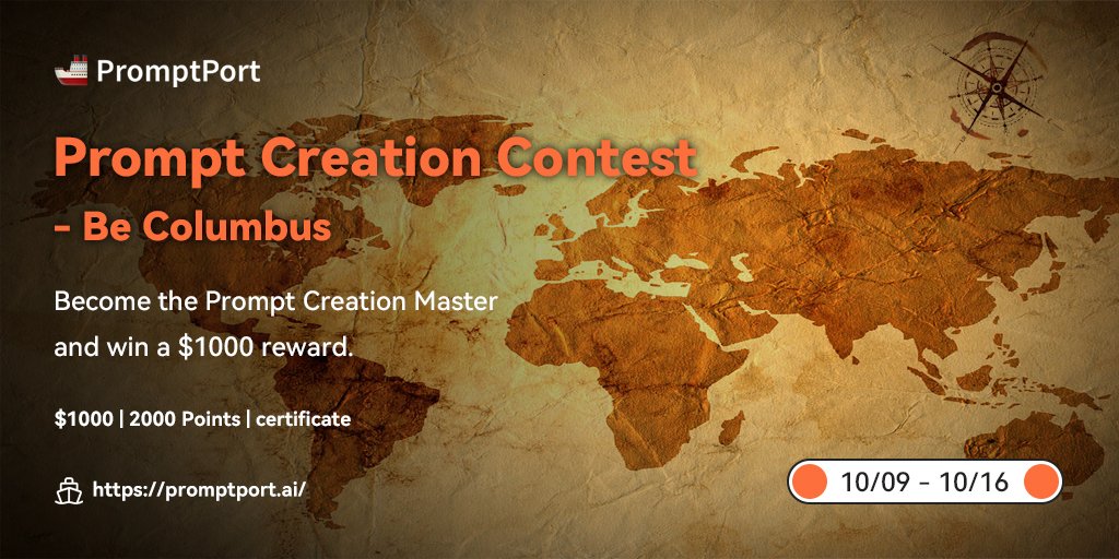 PromptportAi's tweet photo. Prompt Creation Contest - Be Columbus
Education?Science?Career?
Kick off your AI Prompt Creation Contest!
Win $1000, points, and a certificate!

📎URL: https://t.co/L41z9vlO4G
🗓️Date: 10/09-10/16!
Medium: https://t.co/Inw5O4cMPh
Form: https://t.co/Wd5ho1oNFo

Pls check🧶