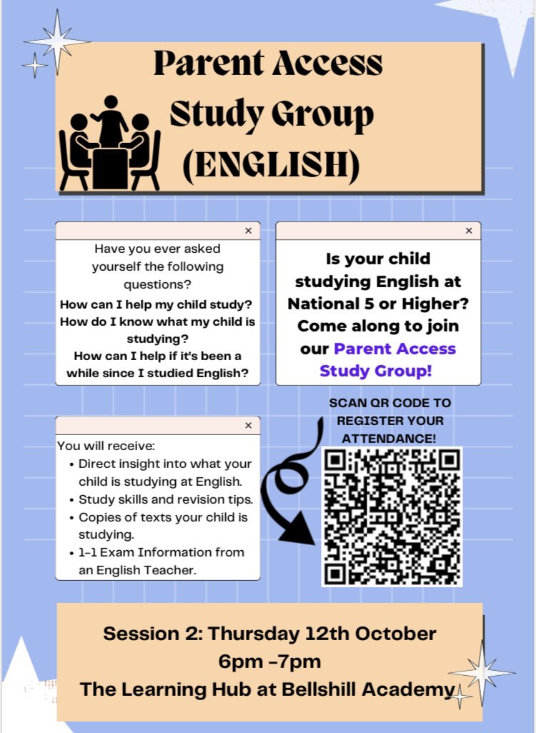 Attention Parents/Guardians!📣Is your child studying National 5 or Higher English? Come along to our 2nd Parent Access Study Group on Thursday 12th October 6-7pm! Register your attendance: forms.office.com/Pages/Response…