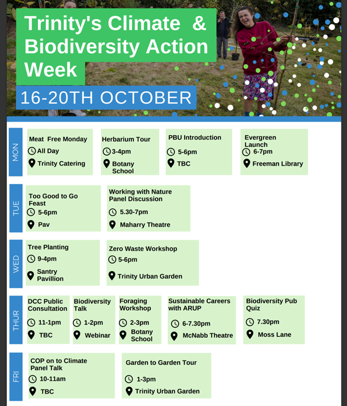 Next week is Biodiversity and Climate Action Week. Come make a difference with us as we advocate and take action.  Join us in planting trees, trying new veggie options, learning to garden and having some fun.  See full details of events on the calendar: tcd.ie/news_events/ev…