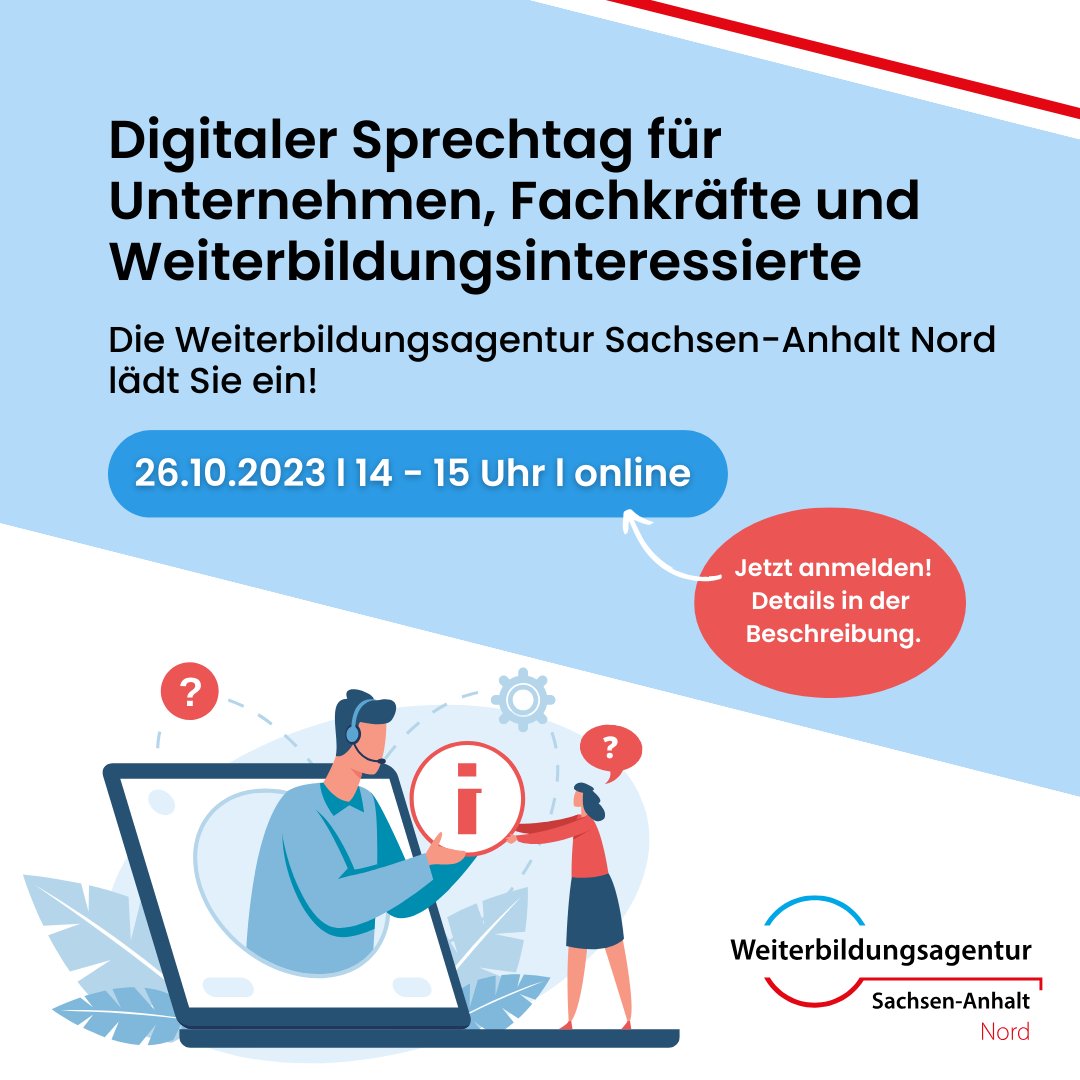 #modernarbeiten Die WBA-Nord lädt Führungskräfte und Fachkräfte zum digitalen Sprechtag ein! 😃 Stellen Sie den Berater*innen Ihre Fragen zu beruflichen Qualifizierungsthemen! Alle weitere Infos und wie Sie sich anmelden können finden Sie hier 👉 zukunftszentrum-sachsen-anhalt.de/veranstaltunge…
