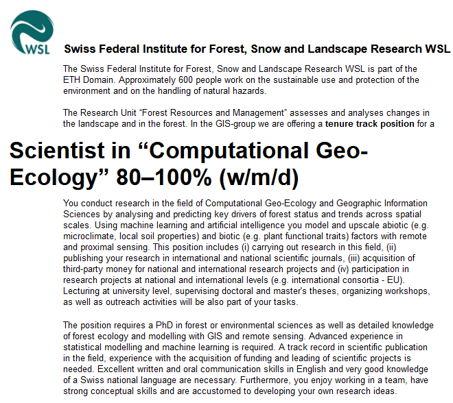 Our #GIS group offers a #tenuretrack position for a scientist in «Computational Geo-Ecology”. Using #machinelearning and #artificialinteligence you analyse and predict key drivers of #forest status and trends across spatial scales: apply.refline.ch/273855/1552/pu… #sciencejobs #geoecology