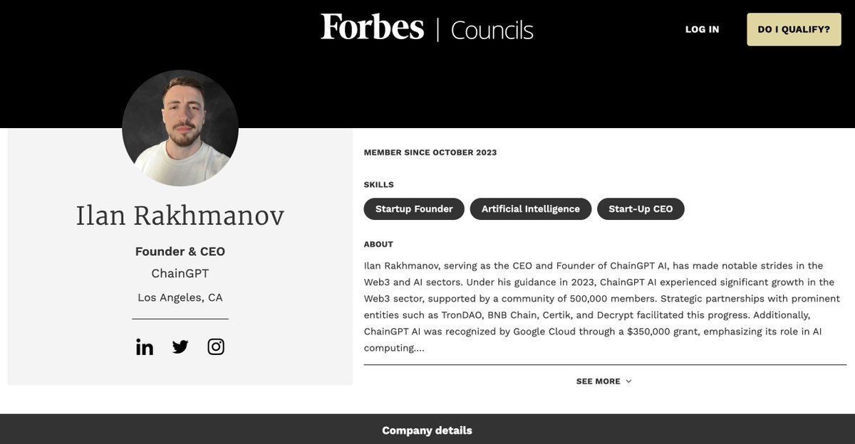 I am pleased to announce my recent induction into the @Forbes Council. My primary objective is to provide insights from my expertise in the realms of Artificial Intelligence and Web3. I aim to amplify the reach of @Chain_GPT & strengthen the brand. 👉 councils.forbes.com/profile/Ilan-R…