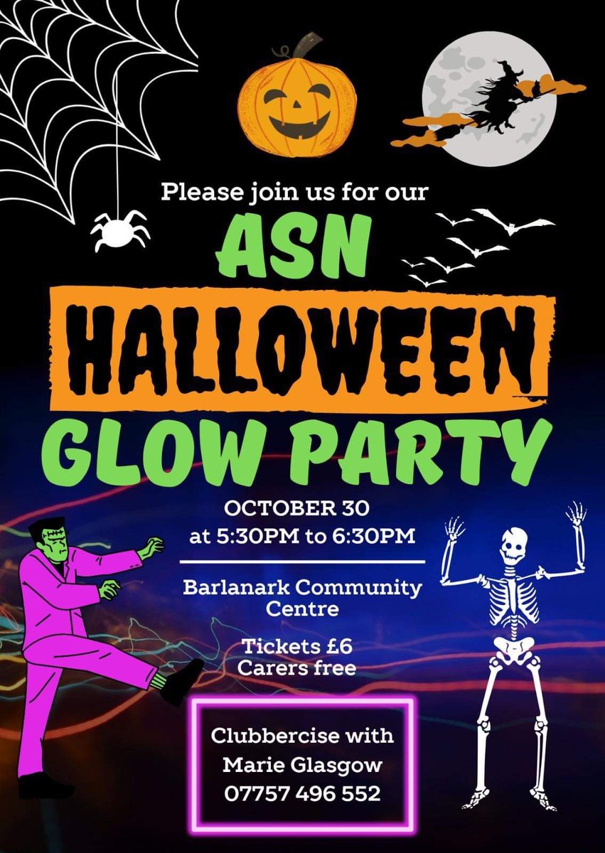 Buchanan_HS's tweet photo. Spooktacular Halloween Disco Party for kids and young adults with Additional Support Needs.

Barlanark Community Centre
Monday 30thOctober
5.30pm to 6.30pm

Dress up optional and carers go free.

For tickets click on the link below.

https://t.co/T65edsSDZr https://t.co/iipLgrb5jv