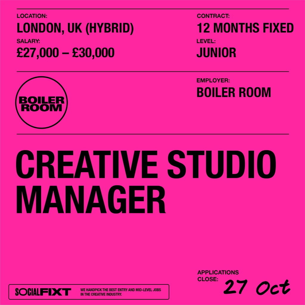 NEW POST 🚨 @boilerrroomtv is on the lookout for a dynamic Creative Studio Manager to join their team, for a 12-month fixed term maternity cover. 

APPLY NOW (link in bio) 

#SocialFIXT #HireBlack #JobSearch #UKVacancy