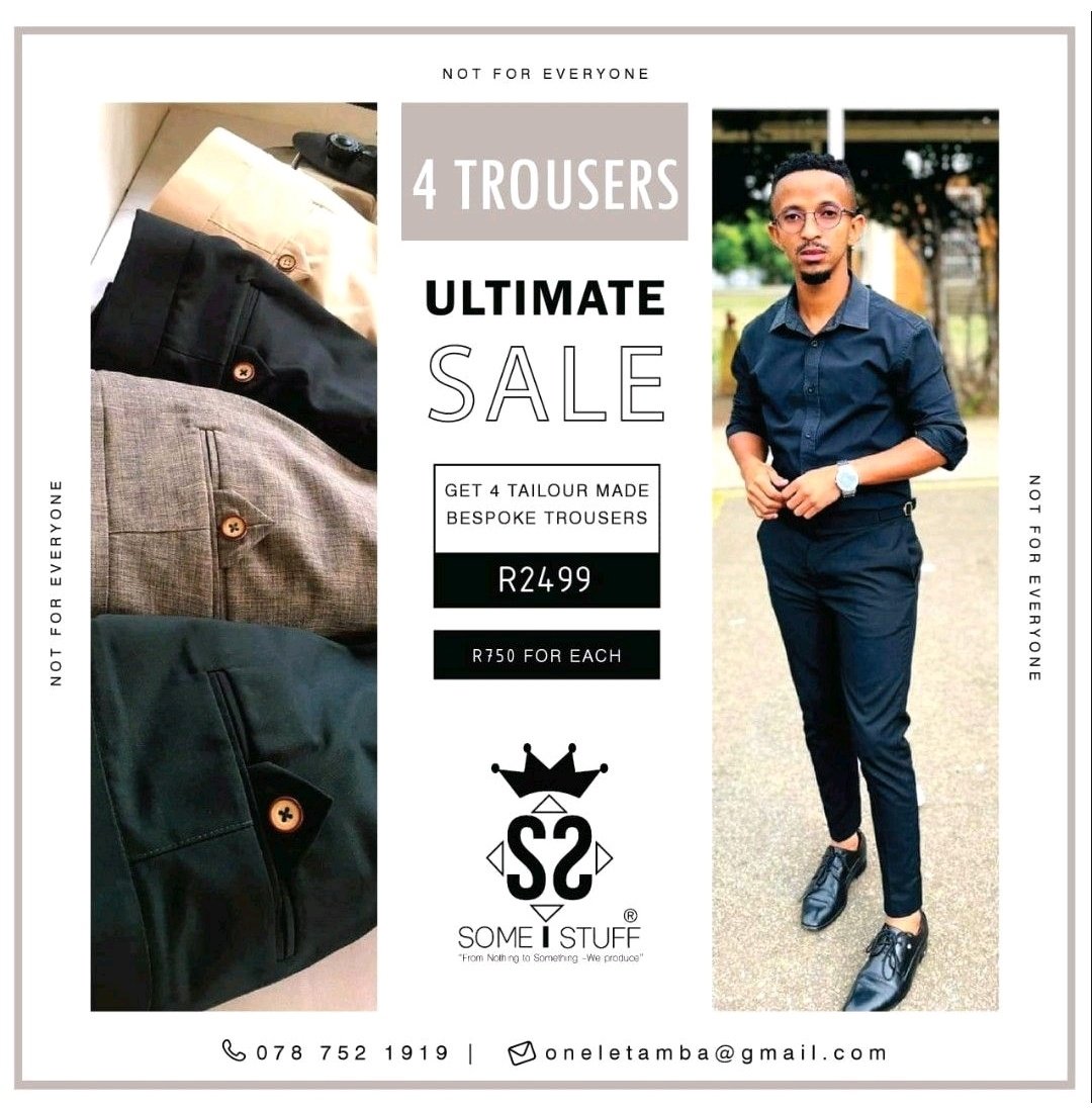wendymasote's tweet photo. 🔌My name is Onele Tamba based in Bloemfontein.We make tailor made bespoke trousers for R750ea&R2500 for 4 on promotion.Courier feeR99
Info 0787521919 @OneleTamba #uMjoloWithAzola #HPCSA Thabo Bester Mogoeng Mogoeng #IsraelUnderAttack #IsraelPalestineWar #Tsatsi Black Coffee https://t.co/IBdCzlHQJr
