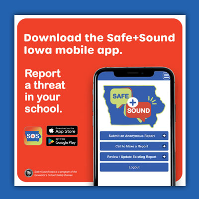 IowaDPS's tweet photo. Getting help for a student in crisis or at risk for violence is in the palm of your hand with the Safe+Sound Iowa mobile app. Download it for free and anonymously report school safety concerns or threats, 24/7. #SafeSoundIowa #SchoolThreatReport https://t.co/0sMIS59tZL