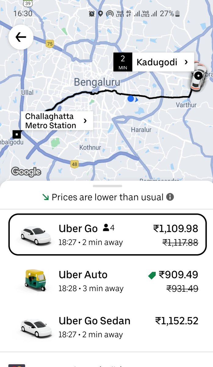 Uber b/w Kadugodi & Chellagatta at 4.30 pm on Monday costs Rs 1109. Auto = Rs 909. 

Estimated time is 1.54 hrs. 

#Metro costs Rs 60 & takes abt 80 mins. 

#PurpleLine #BengaluruMetro