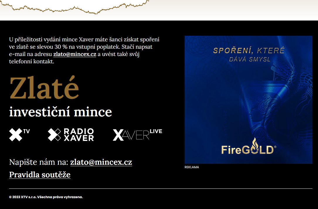 vojber's tweet image. XTV doporučuje spoření ve zlatě, třeba s její zlatou mincí. Doporučuje i kde spořit - u firmy místopředsedy strany Svobodných R. Vláška, kde diváci XTV mají 30% slevu. Pan Vlášek produkty své společnosti v XTV propaguje i v rámci pravidelného pořadu. Viz: hlidacipes.org/xaver-a-holec-…