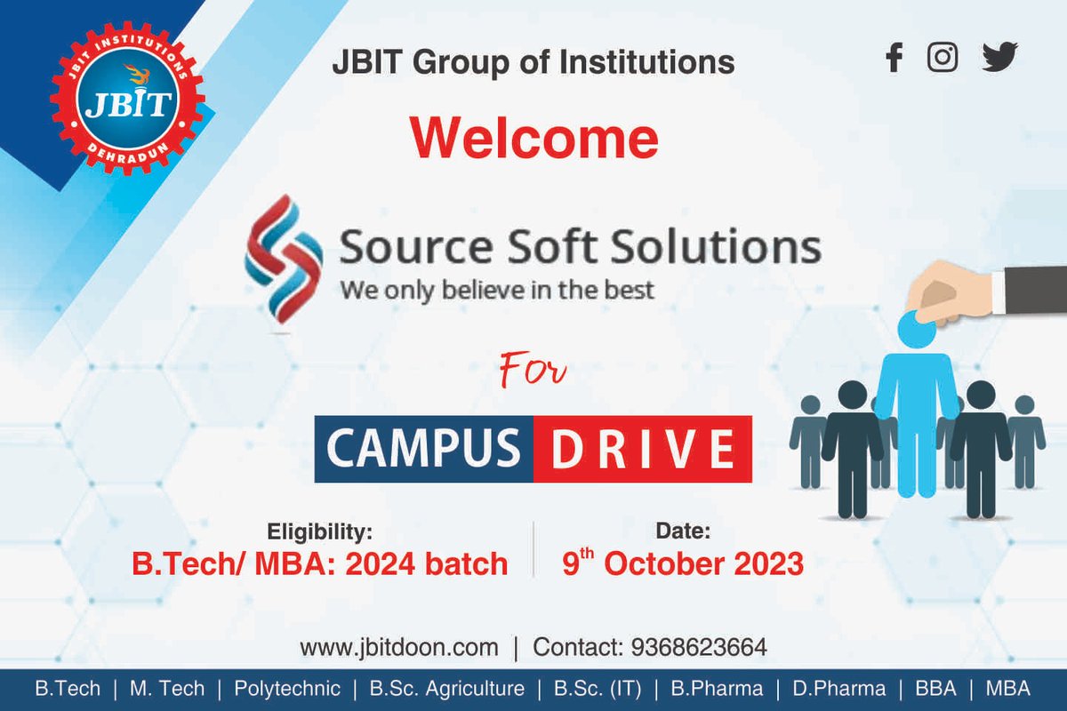 jbitdoon2009's tweet image. Students are requested to pay attention!!! We are pleased to announce that the Campus Drive of Source Soft Solutions will be held 09.10.2023 at our institution.
#CampusDrive #JBITGroupOfInstitutions
#sourcesoftsolution
#DreamJob #CareerOpportunities #SuccessAhead