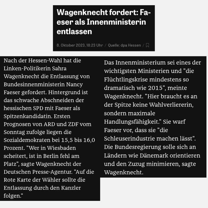 Sahra #Wagenknecht versucht nach der #Hessenwahl begrifflich und inhaltlich der #noafd auf deren ureigensten Feld Konkurrenz zu machen, auf Kosten von #Flüchtlingen. #Links ist das nicht. #Asyl #Migration #dieLinke #Flucht
