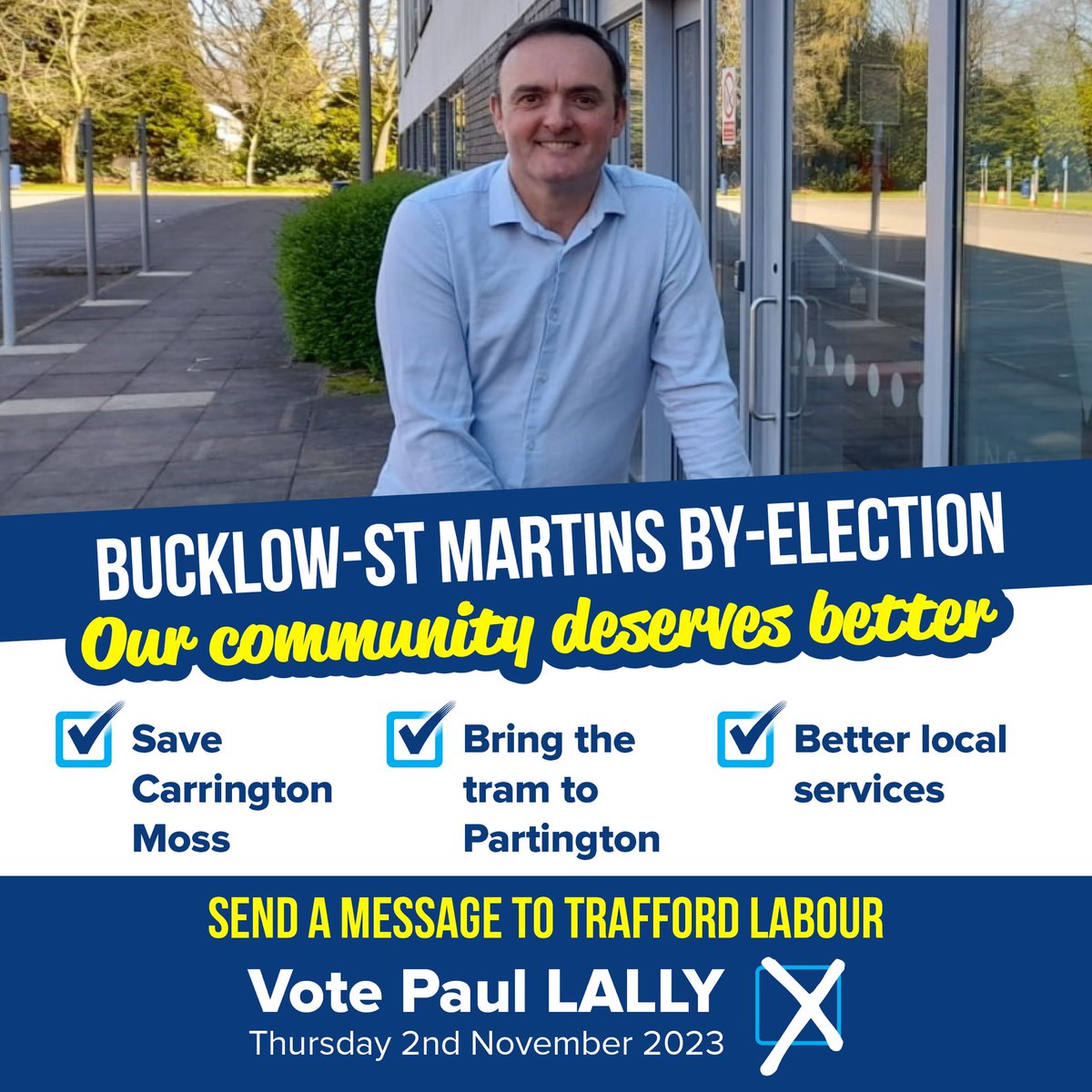 🔈Bucklow-St Martins By-Election

Our community deserves better…

▶️Save Carrington Moss
▶️Bring the tram to Partington
▶️Better local services 

Send Trafford Labour a message 
▶️VOTE - Paul LALLY
#partington #carrington #salewest #trafford 👇
stretfordandurmstonconservatives.uk/news/paul-lall…