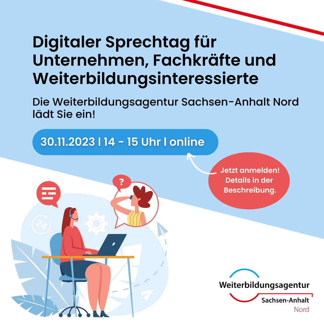 #modernarbeiten Die WBA-Nord lädt Führungskräfte und Fachkräfte zum digitalen Sprechtag ein! 😃 Stellen Sie den Berater*innen Ihre Fragen zu beruflichen Qualifizierungsthemen! Alle weitere Infos und wie Sie sich anmelden können finden Sie hier 👉 zukunftszentrum-sachsen-anhalt.de/veranstaltunge…