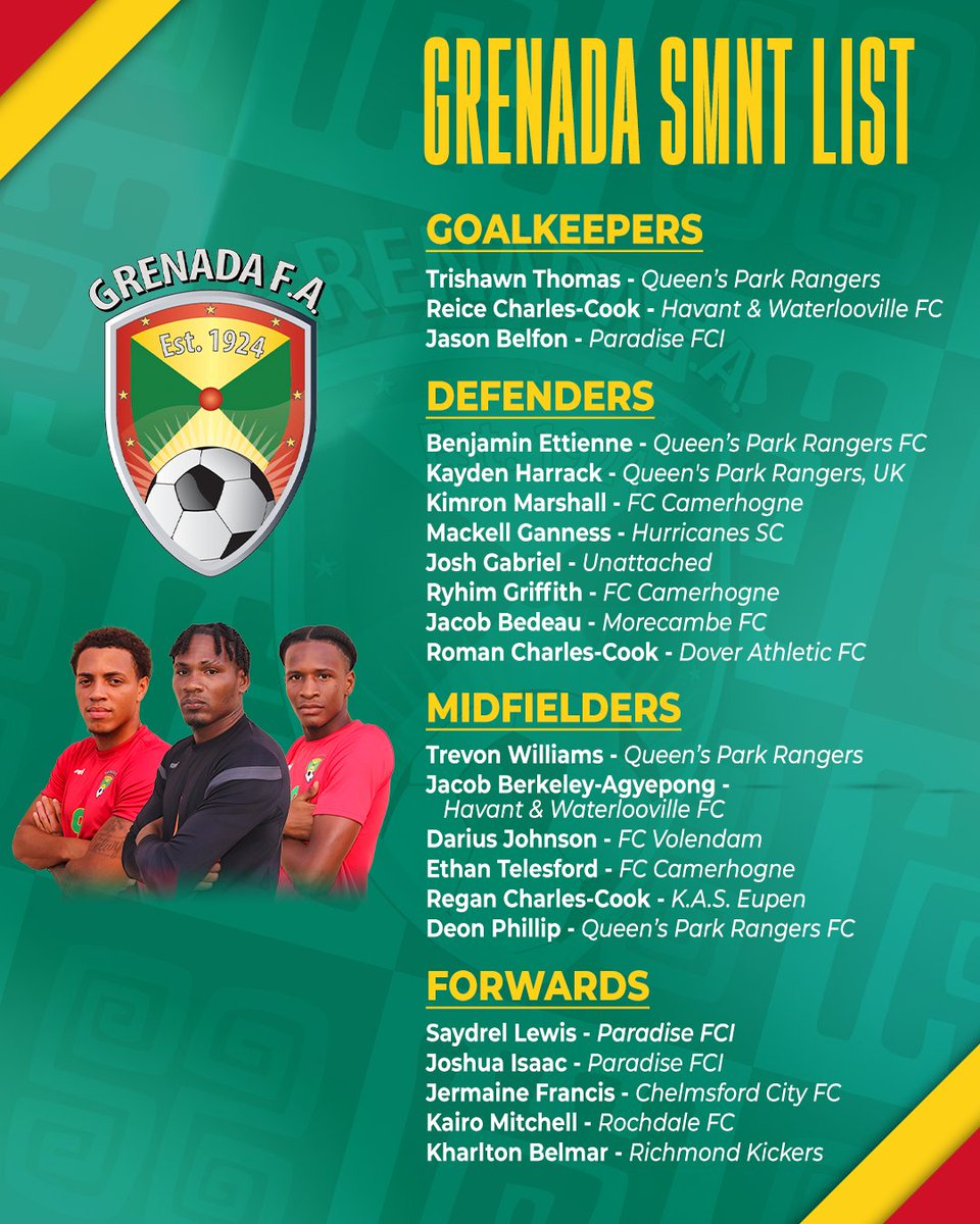 We are happy to present our Senior Men's National Team for our October fixtures in the Concacaf Nations League against Jamaica (October 12) and Suriname (October 15). We hope to see you at the Kirani James Athletics Stadium this Thursday to see Grenada play Jamaica at 7pm.