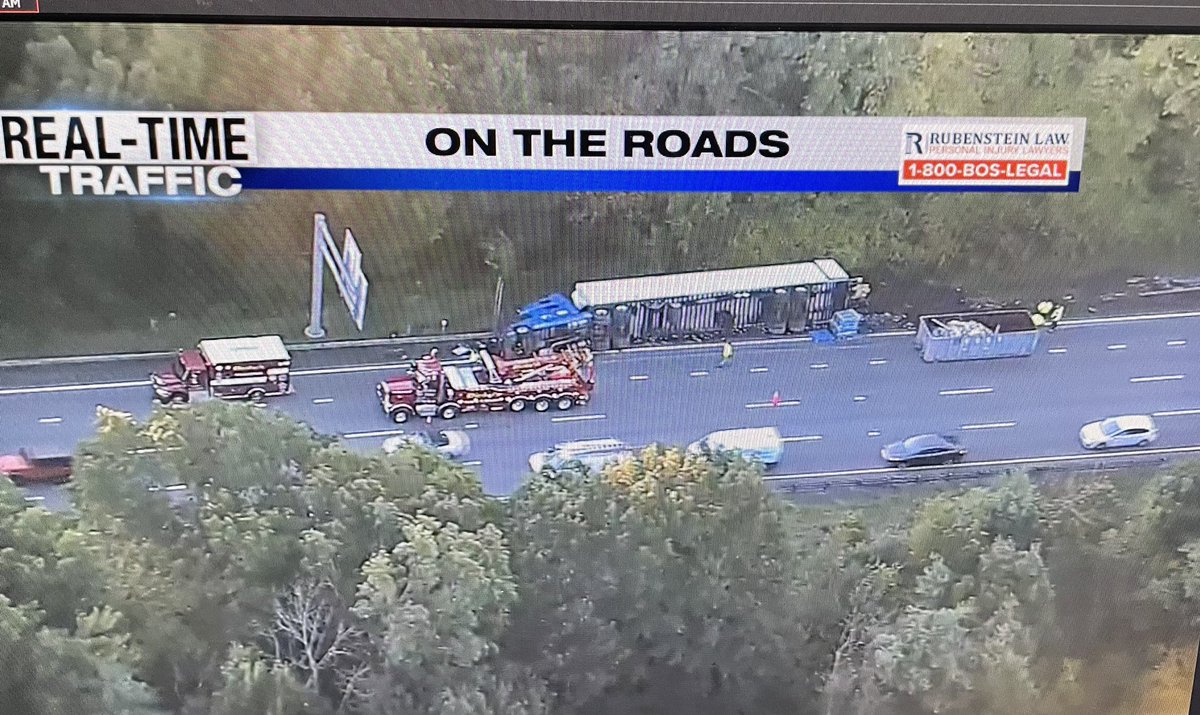 ksullivannews's tweet photo. TRAFFIC ALERT: a TT rollover in #Boxboro on 495 NB taking up two lanes near the exit for Rte 111. Traffic is slow getting by. @boston25 https://t.co/A3Hc7GMFx2