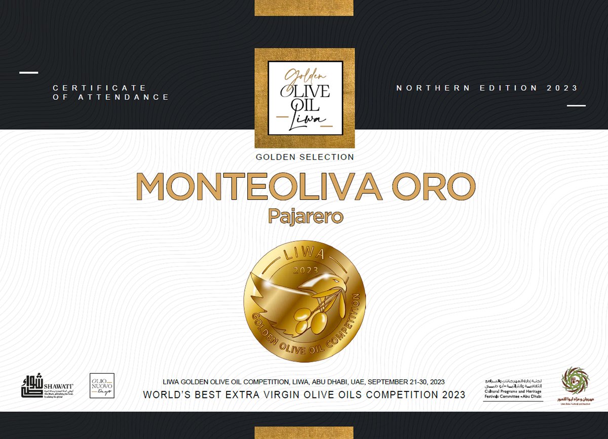 aceitesmonteoli's tweet photo. 🏆RECONOCIMIENTOS🏆

Este año hemos estado presentes en los #GoldenOliveOilLiwa por lo que hemos obtenido la siguiente certificación para nuestros #AceitesPremiun, concretamente nuestro #Pajarero y nuestro aceite #Coupage.

#Liwa #certificaciones #reconocimientos https://t.co/Etc353130w