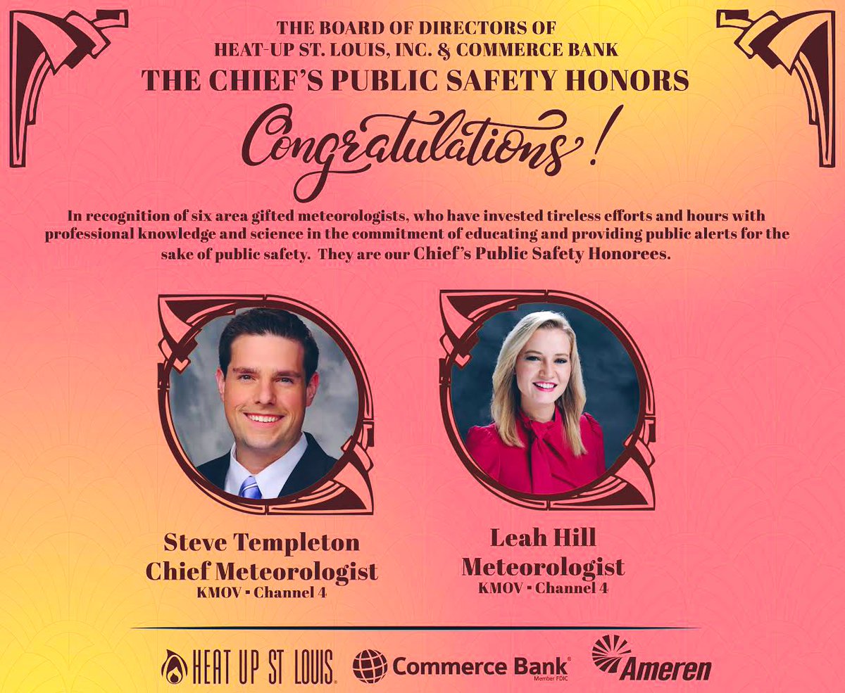 Reporting on area severe weather takes knowledge of science and engaging the public. And chief meteorologist <a href="/SteveTempleton/">Steve Templeton</a> gets it. Meteorologist <a href="/leahwx4/">Leah Hill ⚡️ 👍</a> sees through reporting the impact that weather plays on some neighbors. They are <a href="/HeatUpSTL/">HeatUpStLouis.Org</a> Chief’s Public Safety honorees.