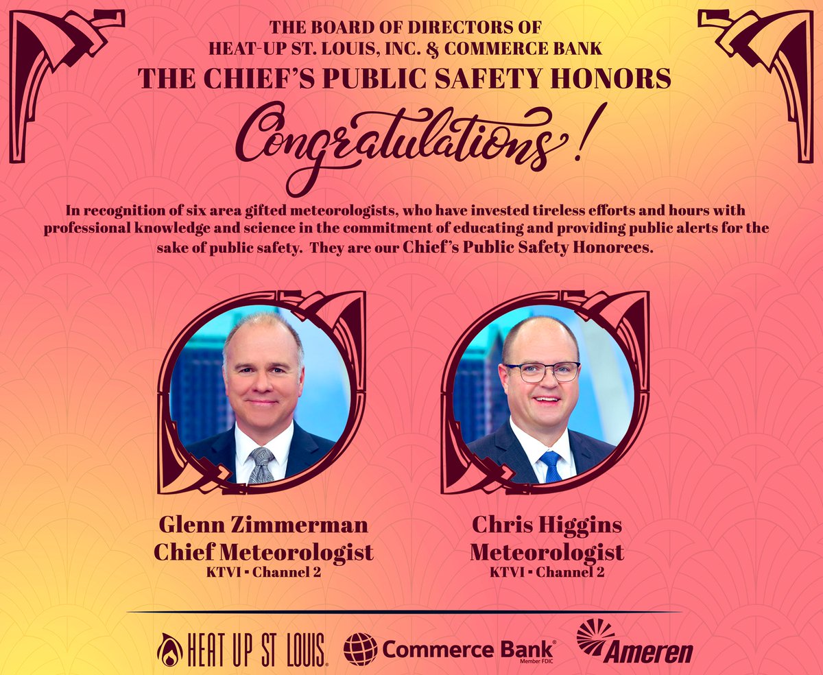 Severe cold &amp; hot weather can have bad economic &amp; health impacts. Both meteorologist <a href="/fox2ch/">Chris Higgins</a> &amp; chief meteorologist <a href="/zimmtv/">Glenn Zimmerman</a> are good guardians of weather education. We’re proud to present <a href="/HeatUpSTL/">HeatUpStLouis.Org</a> Chief’s Public Safety awards to both.