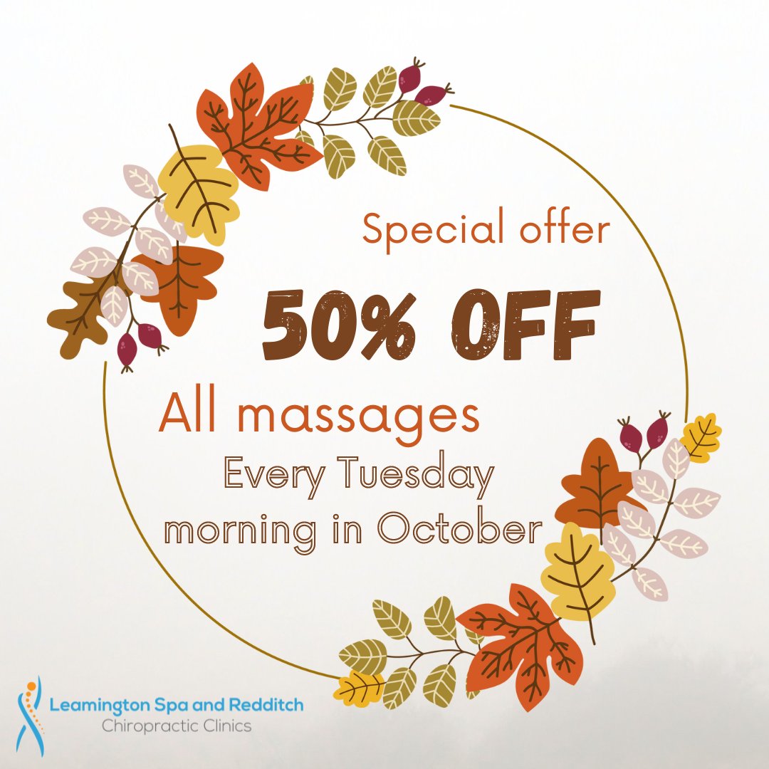 LSRChiro's tweet image. 50% off all massages every Tuesday morning in October, in both Redditch and Leamington Spa clinics!!

Call to book now on 01527 402762 or 01926 427354

#massage #offer #special #50%off #booknow