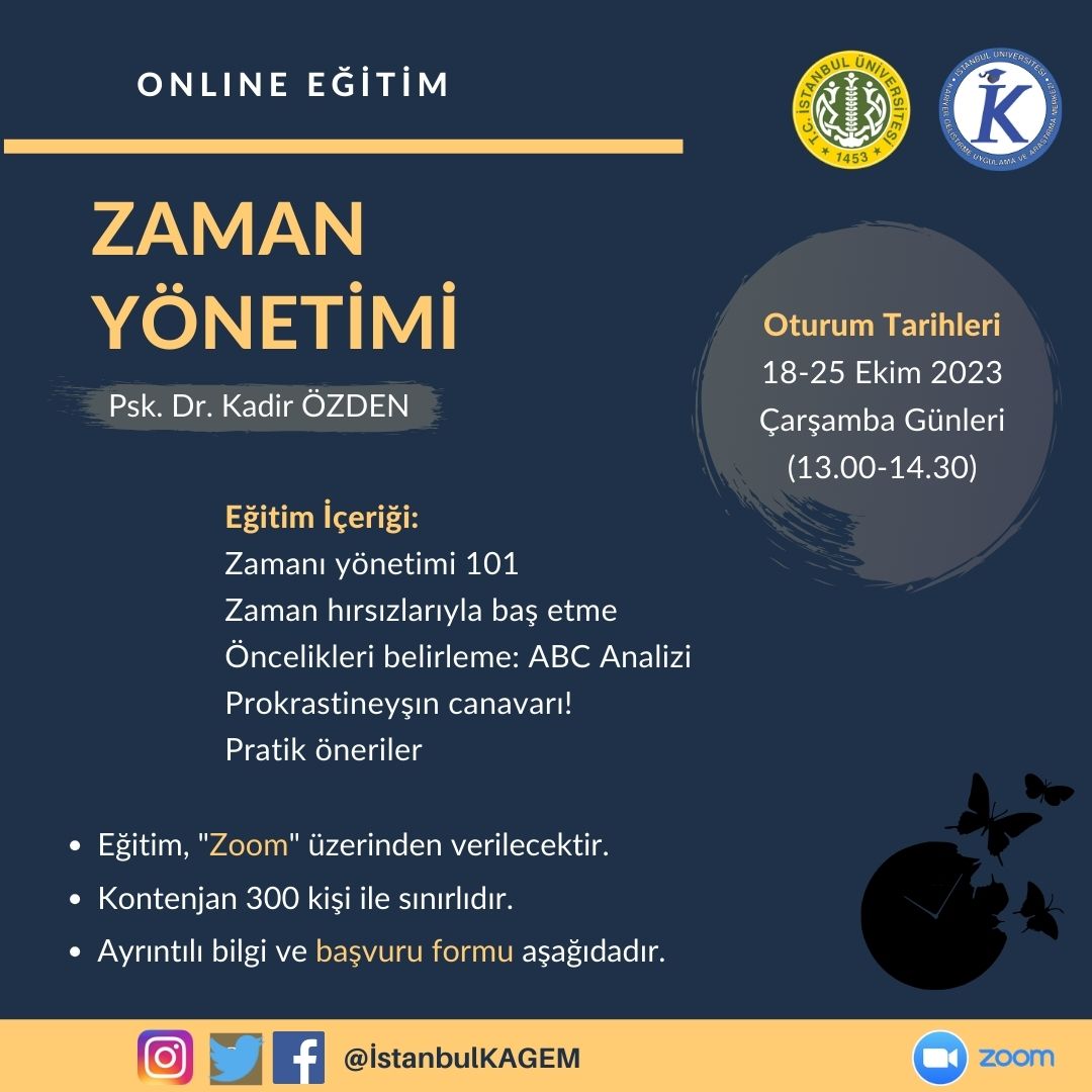Online Eğitim: “Zaman Yönetimi”
Eğitim, tüm öğrenci ve mezunlarımızın katılımına açık ve ücretsizdir.
Kontenjan, başvuru sırasına göre ilk 100 kişi ile sınırlıdır.
Oturuma katılım linki etkinlik öncesinde e-posta adreslerine gönderilecektir.