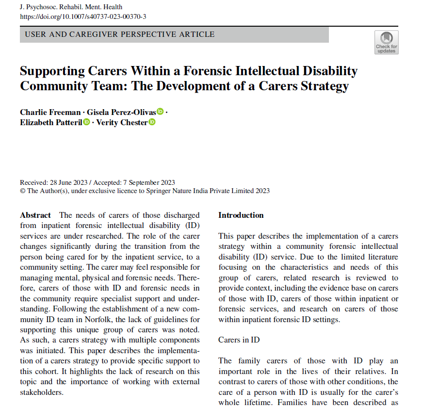 RADiANTCRG's tweet photo. Congratulations to Charlie Freeman @charliezeek for her first paper on carers within a forensic intellectual disability community team, written with @GiselaSumption @VerityChester @EPatteril available here:
https://t.co/4QJ80tT4tC

@HPFT_NHS @HPFT_Research @regalexa @DrChetShah https://t.co/GSpakE7fY4