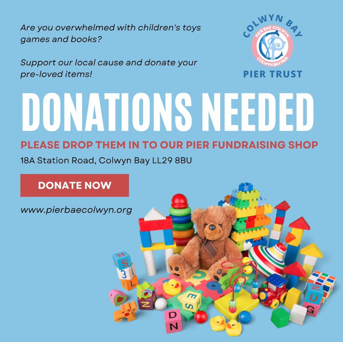 We have a fundraising shop not far from the pier and are always looking for more donated items - if you need to make room for different toys this Christmas why not pop the old ones to our shop #circulareconomy #supportlocal #colwynpiervision