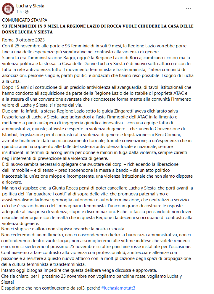ahp68's tweet photo. #LuchaYSiesta e #SpinTimeLab: @RegioneLazio e Comune di @Roma marciano divisi ma colpiscono uniti, salvo poi mostrare cordoglio e solidarietà al prossimo femminicidio o sgombero https://t.co/PpzAfNsdtR