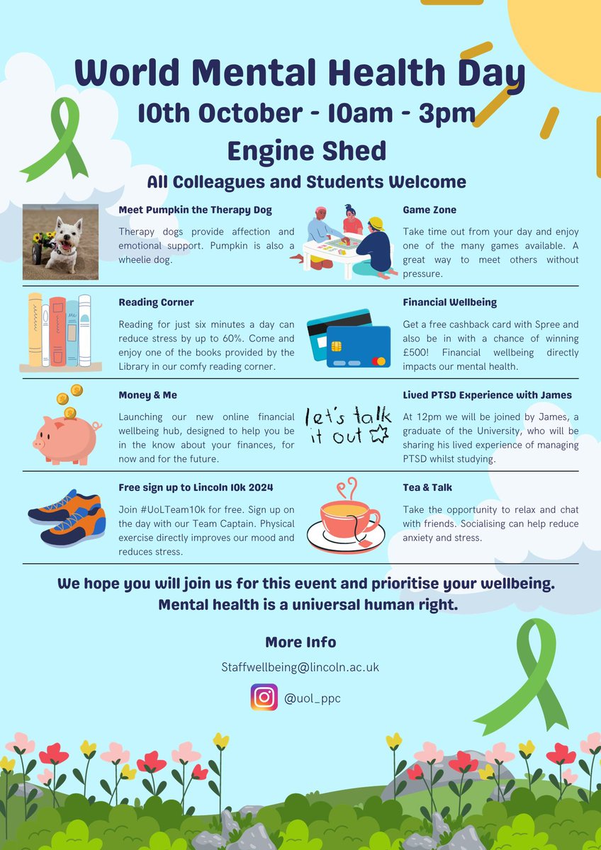 On Tuesday 10th October it is World Mental Health Day. Join us between 10am – 3pm at the Engine Shed. This is open to all colleagues and students and provides an opportunity to take time away from work or studying to prioritise your mental health. 💚