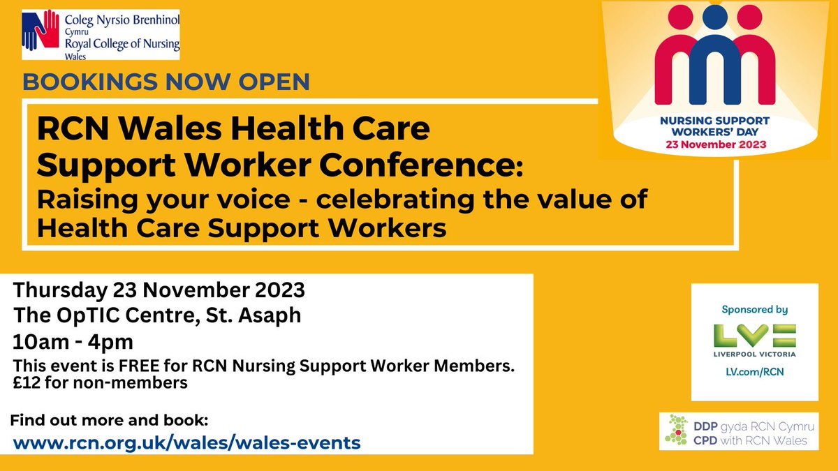 RCNWales's tweet image. Join RCN Wales for our annual Health Care Support Worker Conference as we celebrate Nursing Support Worker Day!

Including an informative, energising programme to update your knowledge and celebrate the Health Care Support Worker role.

Book by 13 November bit.ly/45lsjgS