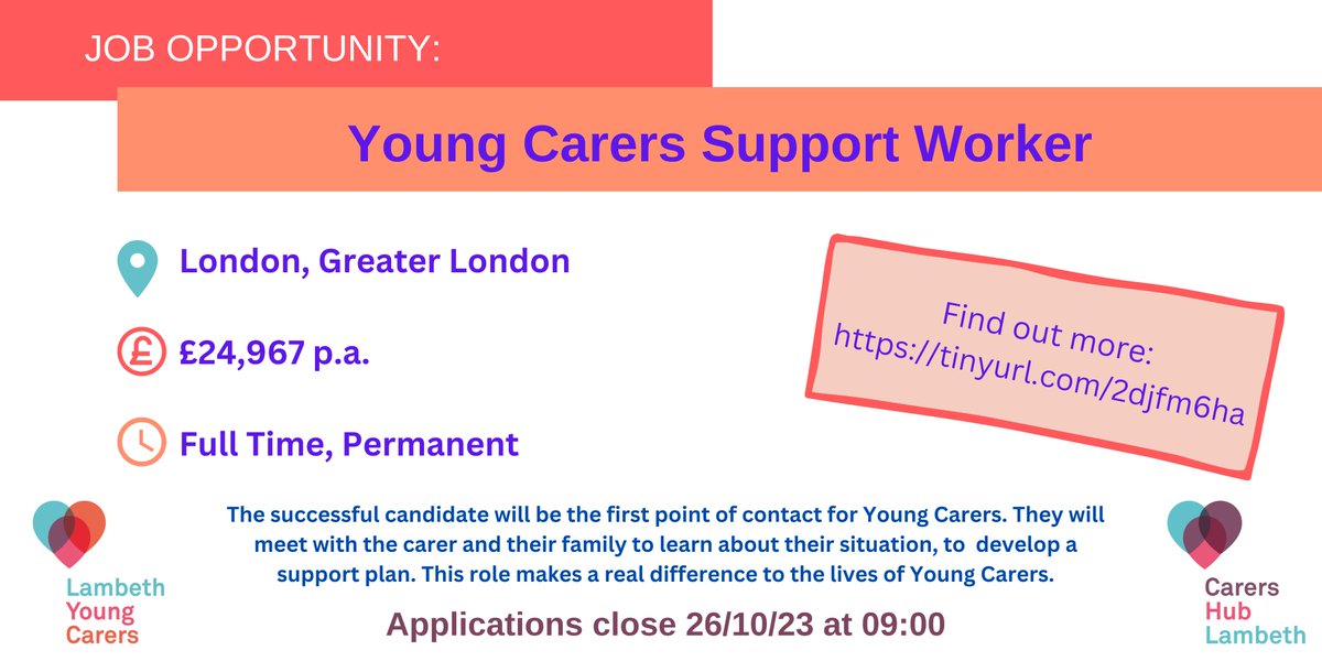 Our Young Carers Support Worker helps young carers to improve their lives, in school, at home, and in their community.

If you would like to help young carers across Lambeth, consider applying for this role: tinyurl.com/5f6haxhz