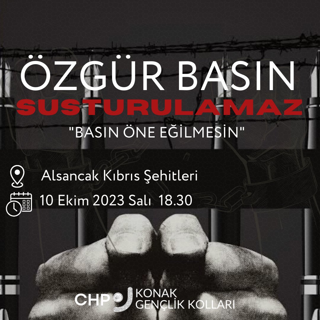 "Özgür Basın Susturulamaz" 
Yarın(10.10.2023) 18.30'da Türkan Saylan Kültür Merkezi önünde düzenleyecek olduğumuz basın açıklamamıza sesimize ses vermek için herkesi bekliyoruz.

#özgürbasınsusturulamaz