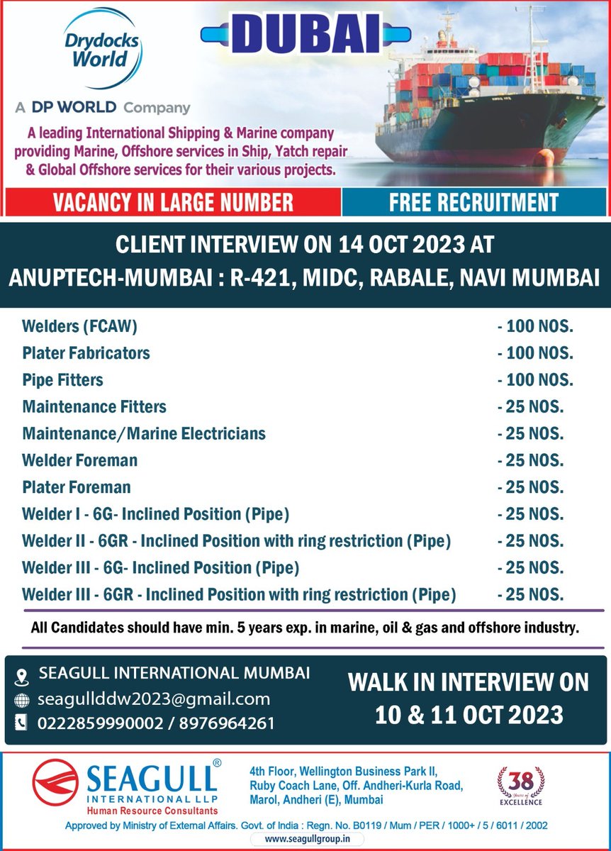 hrd1_seagull's tweet photo. 🇦🇪Dubai Jobs
‼️Free Recruitment
✔️Vacancy In Large Number
🗓️Walk In Interview On 11th &amp; 12th October 2023 
📍Client Interview On 14th October 2023 In NaviMumbai
.
.
.
#dubaijobs #mumbaijobs #welders #platerfabricators #pipefitters #maintenancefitter #welderforeman #platerforeman https://t.co/4SirUdl0Ws
