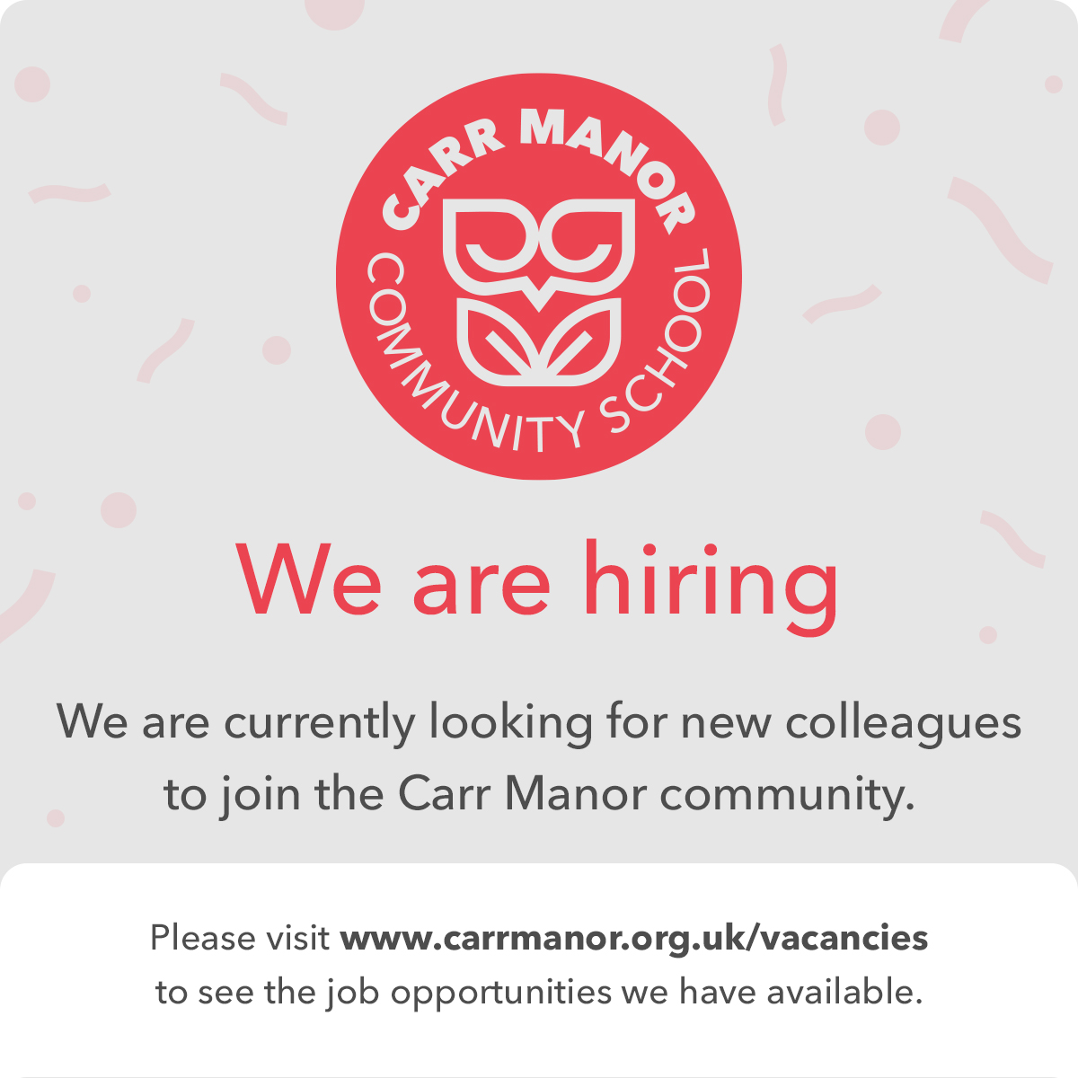 We're looking for passionate and dedicated people to join our school community in the following roles.

⭐️ Art, Design &amp; Technology Teacher
⭐️ History Teacher
⭐️ Learning Support Worker - ASC
⭐️ Learning Support Worker
⭐️ Study Supervisor

To apply ➡️ carrmanor.org.uk/vacancies/