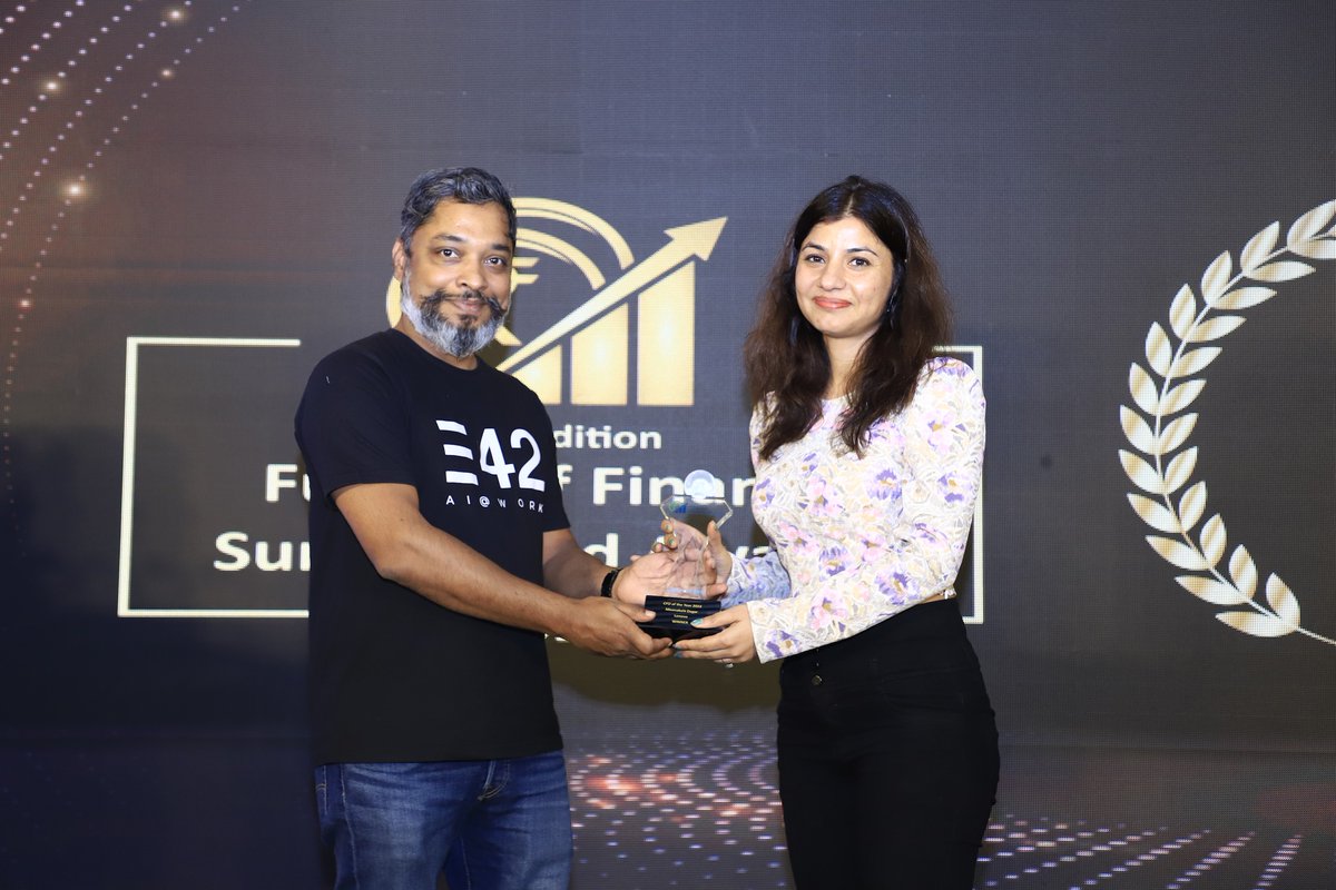 E42_ai's tweet photo. @animeshsamuel , #E42’s CEO and Co-Founder, had the honor of felicitating @Meenu2020, #Lenovo's CFO, for her excellence in financial strategies at the extremely well-organized 10th Edition of Future of Finance Summit &amp; Awards by @ubsforums!

#AI #FinanceSummit #Automation https://t.co/c6srzAVrHC