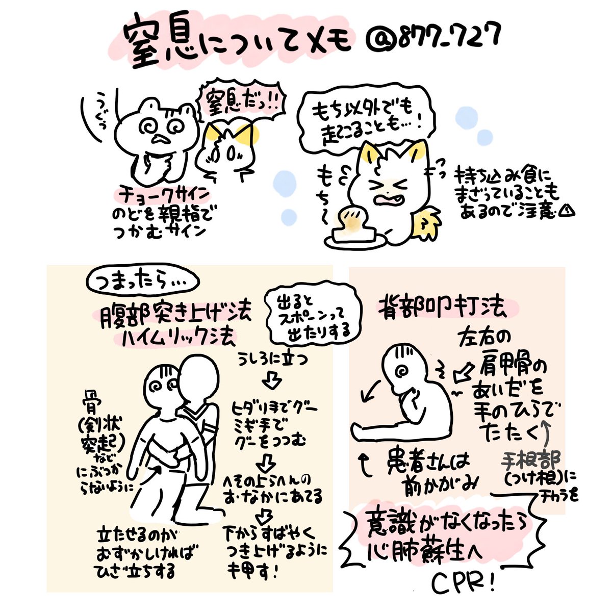 【窒息についてメモ】
チョークサインは万国共通の窒息のサイン。気道の異物除去の方法としては腹部圧迫法(Heimlich法) 、背部叩打法がある。
入院前は問題なく摂取できていても嚥下機能が低下していたり体力が落ちることで誤嚥や窒息のリスクがあるので注意していく。