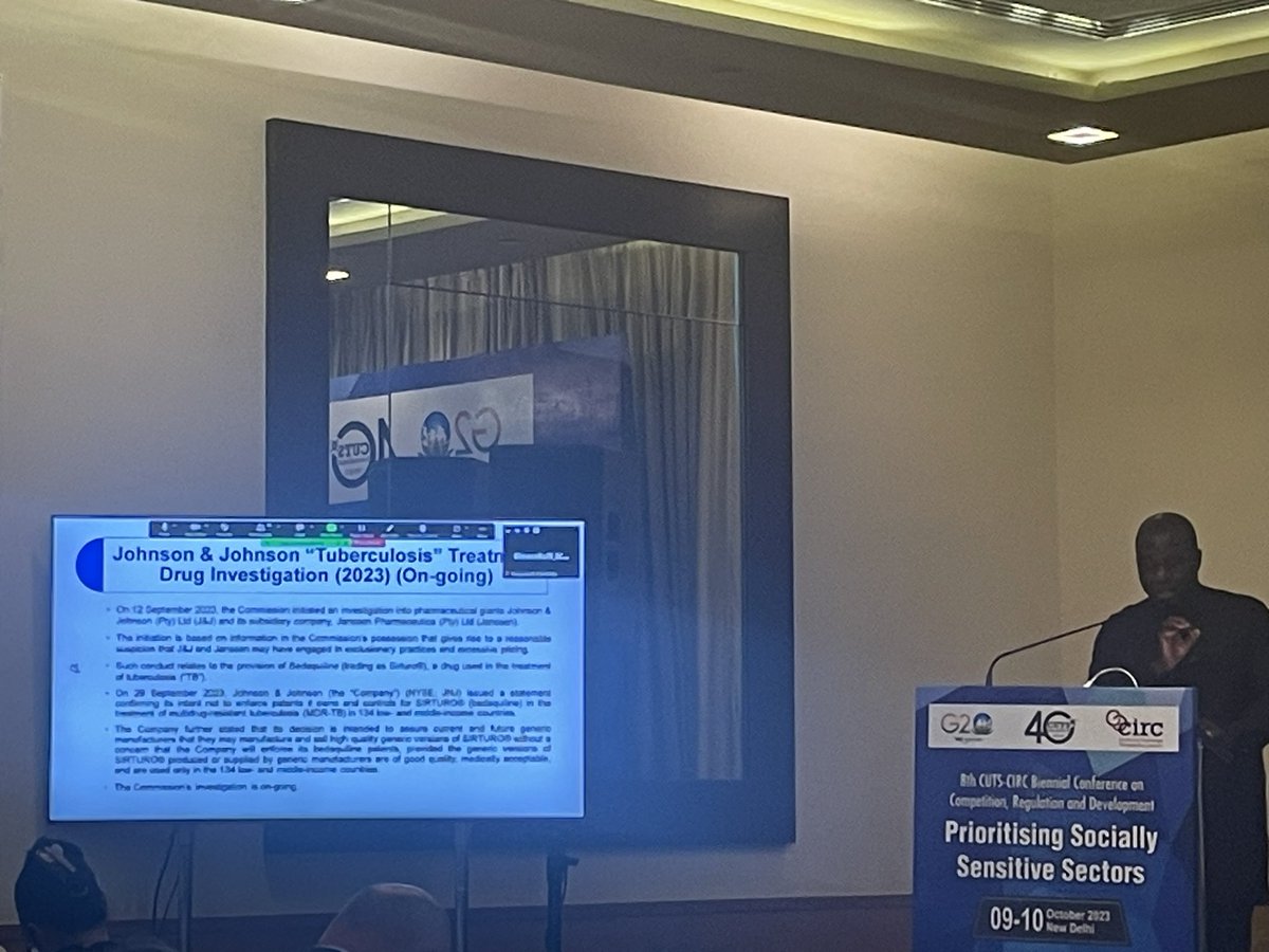 SA CompCom Deputy Commissioner at the CUTS-CIRC conference in Delhi, discussing the power of competition law to increase access. Highlights their probe into JnJ regarding Bedaquiline and praises the public's role in increasing access to the TB drug. #competitionlaw