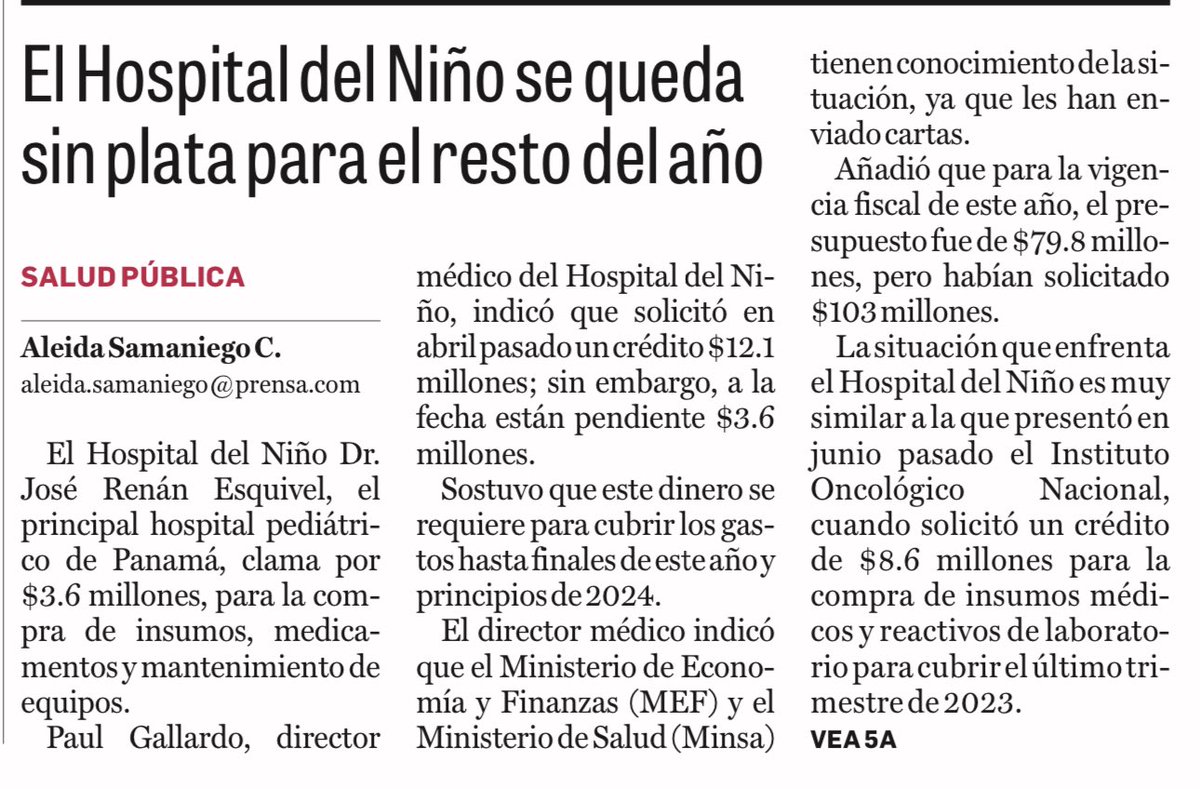 Para robar, hacer política y darle a la Asamblea lo que quiera, sí hay plata. Pero para el Hospital del Niño no! Estos tipos son unos descarados, una ratas!